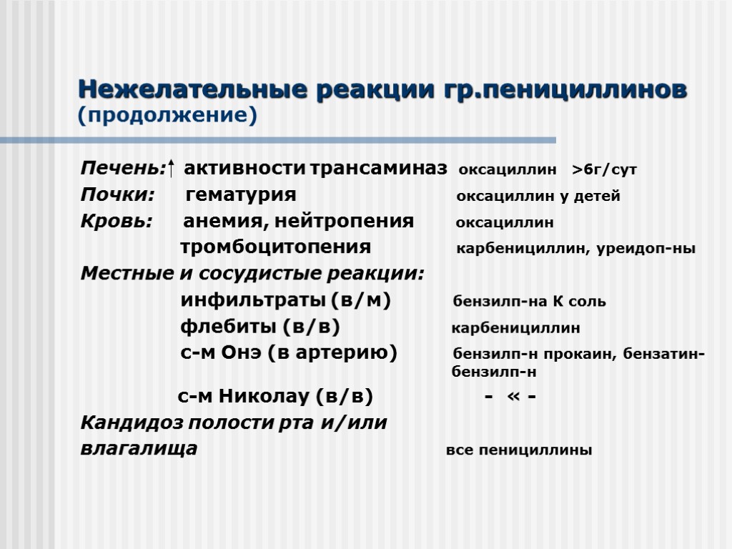 Нежелательные реакции гр.пенициллинов (продолжение) Печень: активности трансаминаз оксациллин >6г/сут Почки: гематурия оксациллин у детей